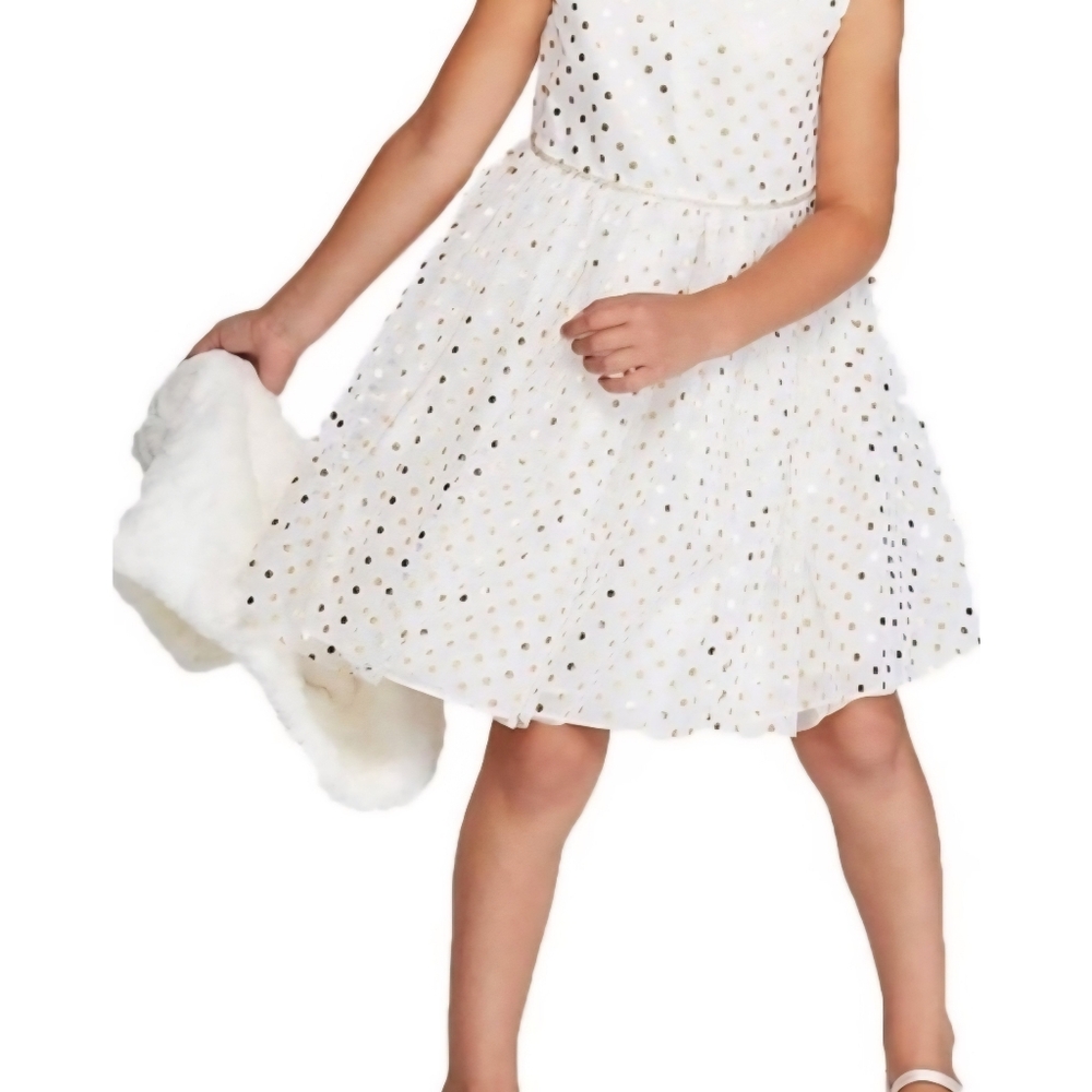 Target White & Gold Polka Dot Dress W/ Fur Bolero Set, NWOT